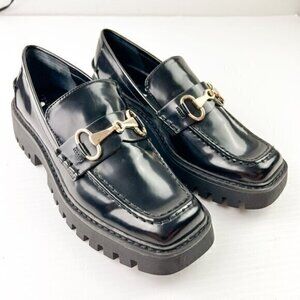 Open Edit Nordstrom Heather Platform Bit Loafer Women Black Leather Size 7M NEW